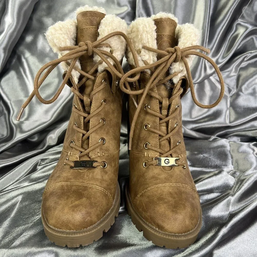 GBG G by Guess Boots Women Sz 9.5 M Brown 4” Heel Lace Up Chunky Lug Fur Booties